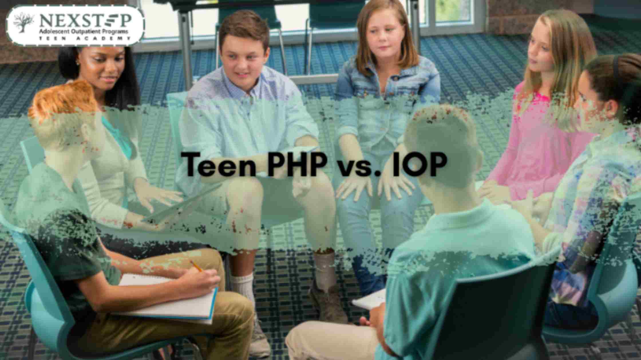 Teens in group therapy with counselor, illustrating structured support in choosing between PHP and IOP treatment options.
