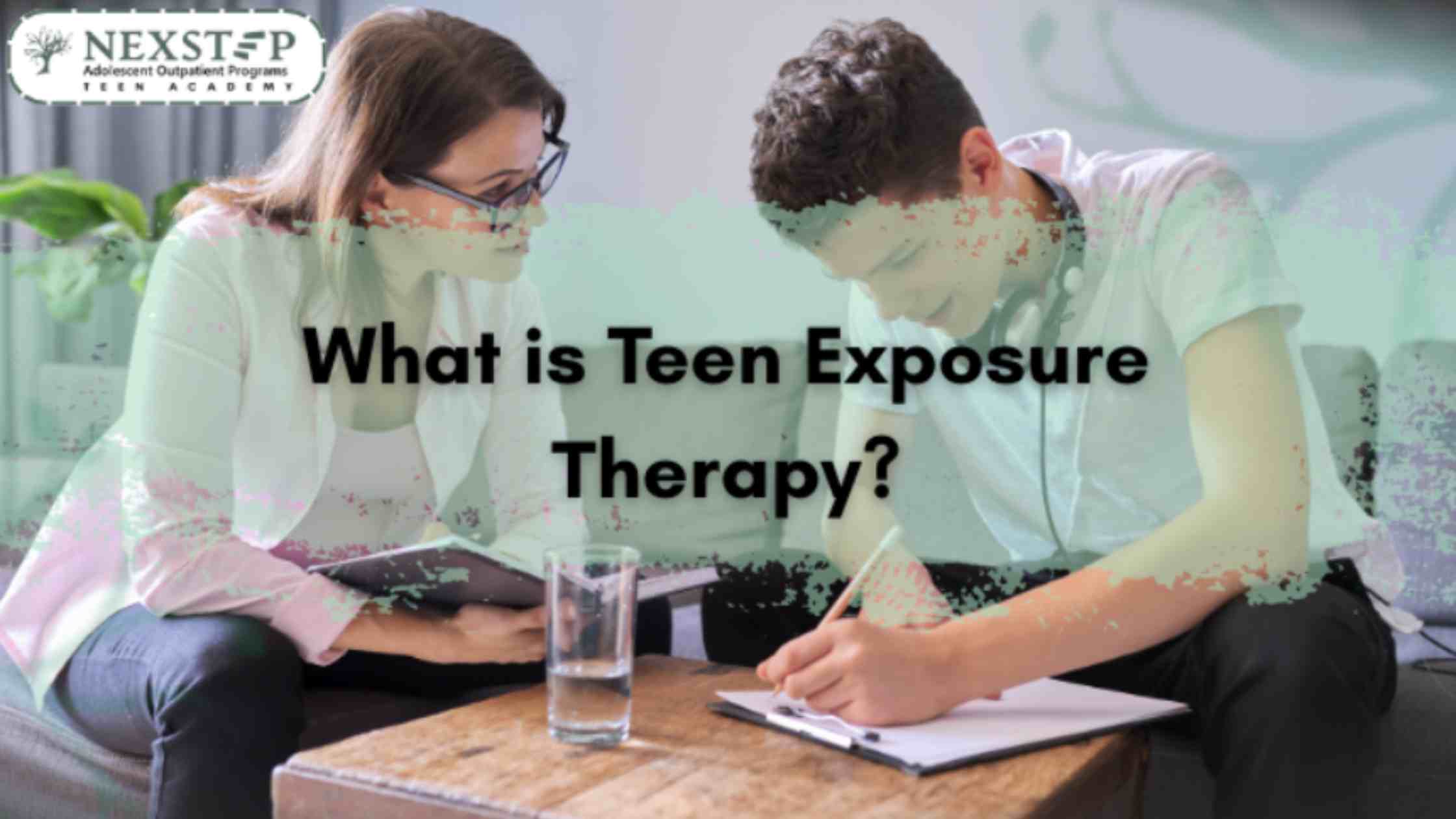 Teen boy in therapy session writing notes while guided by a therapist, illustrating exposure therapy for anxiety and phobias.